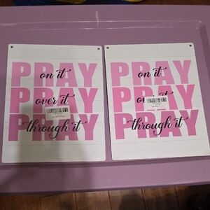 2 Pink & White Inspirational Wall Art Set Pray On It Wooden 8x10